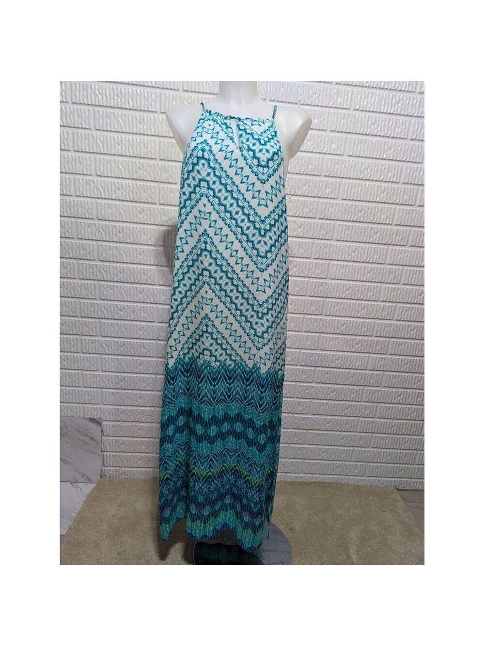 Love...Ady Women's Multi-Color Sleeveless Tie Neck Turquoise Maxi Dress Small